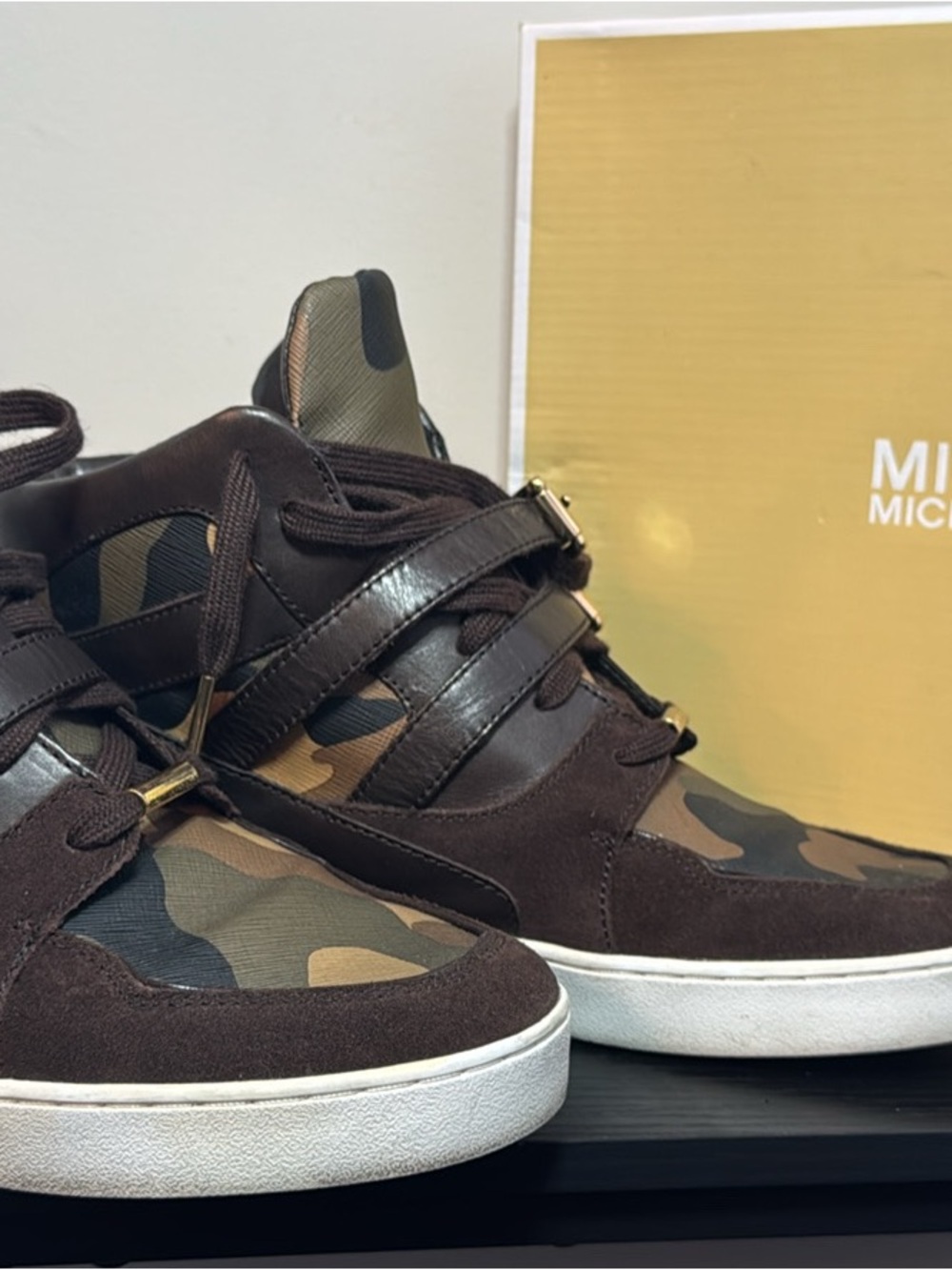 Michael Kors Men’s Brown Camouflage High-Top Sneakers with Gold Accents